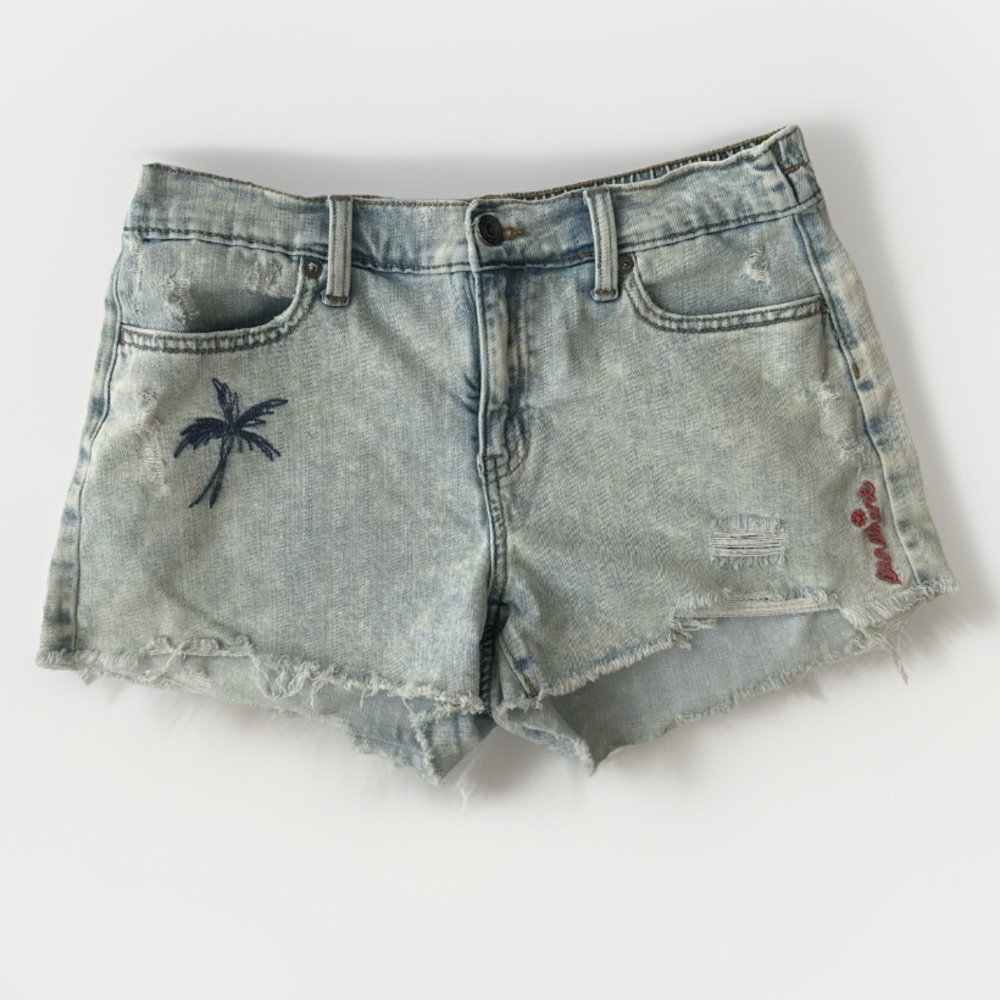 Aerie Distressed Jean Shorts Y2K Embroidered Stretch Relaxedβ Fit Womens Size S